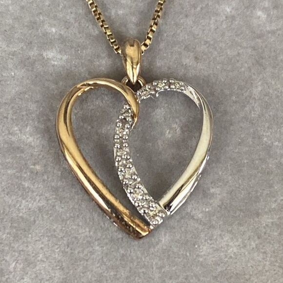 10K Yellow & White Gold Diamond Heart Pendant 24” 10K Yellow Gold Fancy Chain - Picture 2 of 13
